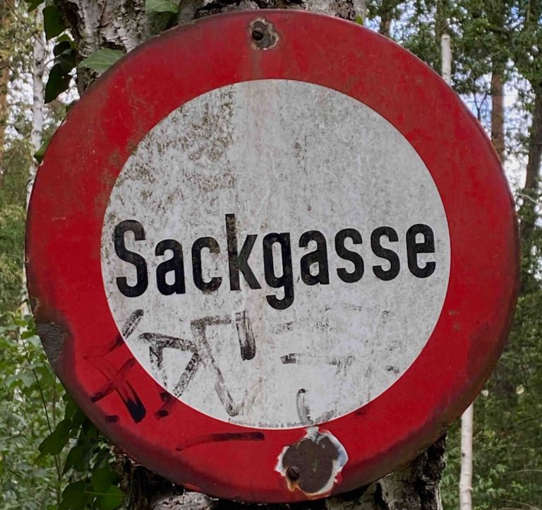 Altes Sackgassenschild an einem zugewachsenen Waldweg