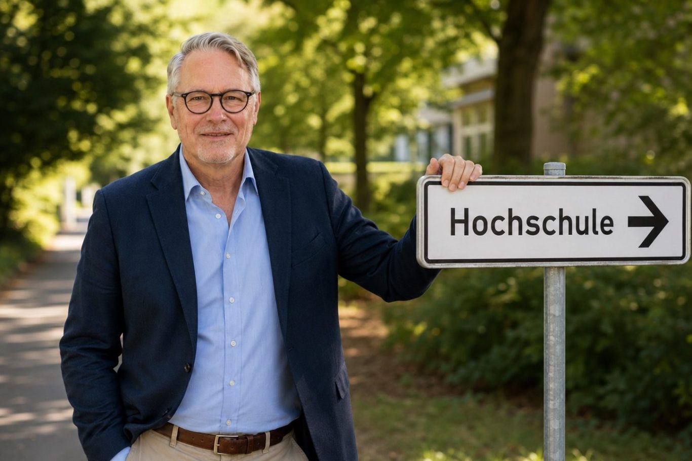 Jörg Fidorra an einem Hochschulschild in seiner Studienstadt Münster