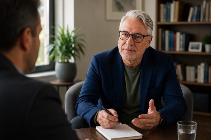 Jörg Fidorra im Austausch mit einem Klienten