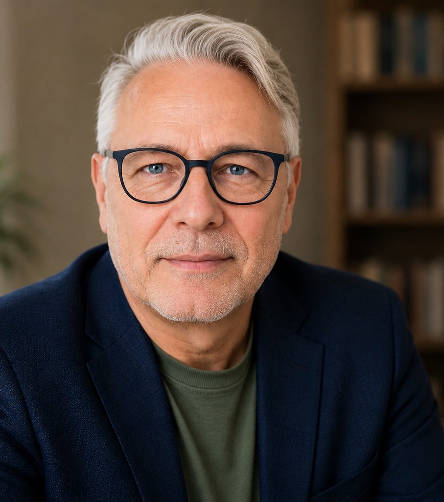 joerg_fidorra_Portrait_Coachingraum Porträt von Jörg Fidorra in einem Coachingraum vor einem Bücherregal. Er trägt ein dunkelblaues Sakko und ein grünes Shirt und blickt freund