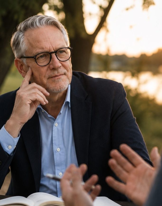 Jörg Fidorra im vertraulichen Gespräch bei einem Spaziergang im Grünen