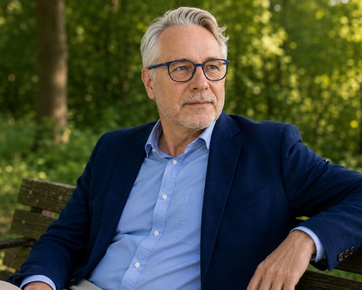 Jörg Fidorra auf einer Parkbank mit Blick ins Grüne