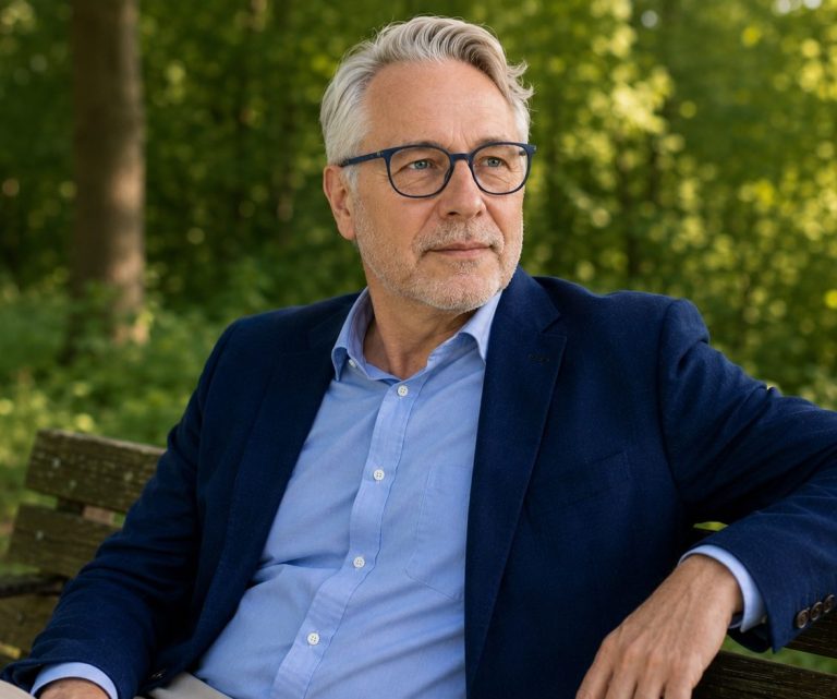 Jörg Fidorra auf einer Parkbank mit Blick ins Grüne